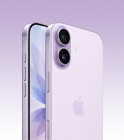 iPhone 17, levandulová barva, pohled zepředu, šikmý pohled zezadu, dvojitá Fusion fotosoustava vlevo nahoře, ovladač fotoaparátu, šikmý pohled zepředu na obrazovku přes celou přední stranu, akční tlačítko, tlačítka hlasitosti a boční tlačítko
