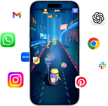 iPhone, na obrazovce je vidět hra Minion Rush, telefon obklopený ikonami aplikací Gmail, WhatsApp, Zoom, Instagram, ChatGPT, Google Chrome, Slack a Pinterest