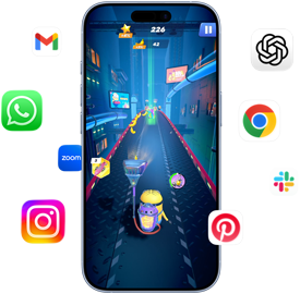 iPhone, na obrazovce je vidět hra Minion Rush, telefon obklopený ikonami aplikací Gmail, WhatsApp, Zoom, Instagram, ChatGPT, Google Chrome, Slack a Pinterest