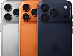 Tři modely iPhonu 17 Pro, pohled zezadu, stříbrná, kosmicky oranžová a temně modrá barva, navzájem se překrývají, viditelné jen zčásti. Všechny 3 modely mají profesionální fotosoustavu v levém horním rohu, 3 objektivy, mikrofon, blesk, logo Apple uprostřed