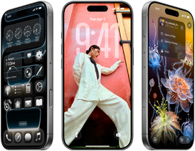Tři iPhony 17 Pro z různých úhlů se třemi různými obrazovkami iOS 26, včetně plochy s designem Liquid Glass, tapety a Fotek