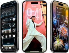 Tři iPhony 17 Pro z různých úhlů se třemi různými obrazovkami iOS 26, včetně plochy s designem Liquid Glass, tapety a Fotek