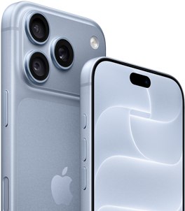 iPhone 18 Pro, ledovcově modrý, pohled zepředu i zezadu na Ceramic Shield a trojitou fotosoustavu