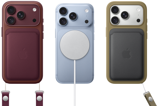 iPhone 18 Pro, pohled zezadu, burgundsky červený, burgundsky červená peněženka z tkaniny FineWoven s MagSafe; iPhone 18 Pro, pohled zezadu, ledovcově modrý, připnutá MagSafe baterie; iPhone 18 Pro, pohled zezadu, stříbrný, v zeleném silikonovém krytu s připnutou MagSafe nabíječkou