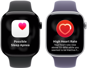 Dvoje Apple Watch Series 11 vedle sebe, hliníkové pouzdro, klavírně černá barva, upozornění na možnou spánkovou apnoi, růžové srdce na bílém poli, na pravém boku korunka Digital Crown, černý sportovní řemínek. Druhé hodinky, titanové pouzdro, stříbrná barva, aplikace Srdeční tep, aktuální počet tepů za minutu, na pravém boku korunka Digital Crown, mlžně fialový sportovní řemínek