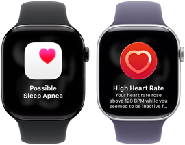 Dvoje Apple Watch Series 11 vedle sebe, hliníkové pouzdro, klavírně černá barva, upozornění na možnou spánkovou apnoi, růžové srdce na bílém poli, na pravém boku korunka Digital Crown, černý sportovní řemínek. Druhé hodinky, titanové pouzdro, stříbrná barva, aplikace Srdeční tep, aktuální počet tepů za minutu, na pravém boku korunka Digital Crown, mlžně fialový sportovní řemínek