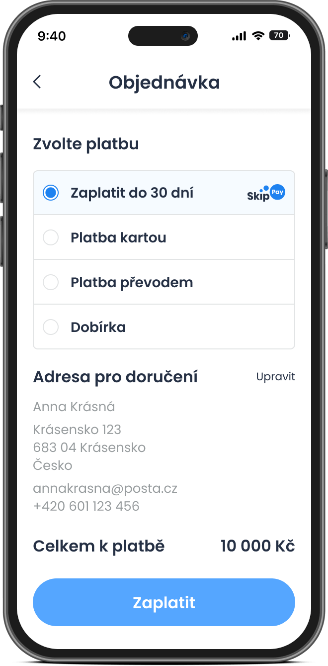 Odložená platba – 1. krok – výběr z platebních metod