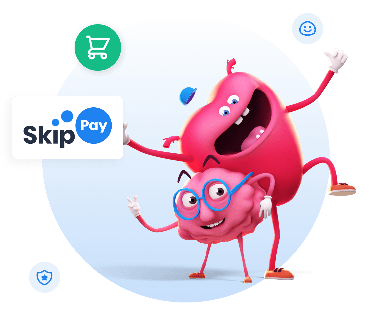 Maskoti mozek a srdce s cedulkou s logem Skip Pay