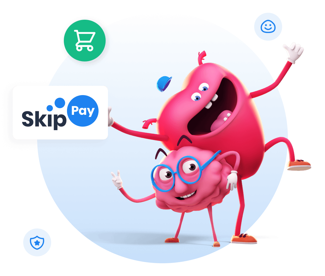 Maskoti mozek a srdce s cedulkou s logem Skip Pay
