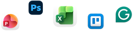Rozptýlené ikony různých aplikací, jako jsou Microsoft PowerPoint, Affinity Photo 2, Microsoft Excel, Trello a Grammerly