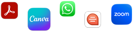 Rozptýlené ikony různých aplikací, jako jsou Adobe Acrobat, Canva, WhatsApp, Quip a Zoom