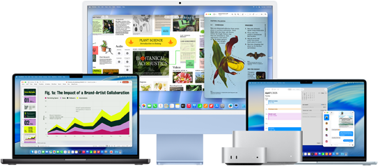 MacBook Pro, iMac, MacBook Air, Mac mini a Mac Studio vedle sebe, na nich spuštěné různé aplikace: Microsoft PowerPoint, Freeform, Náhled, Kalendář a Zprávy