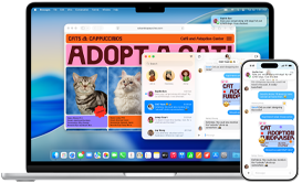 MacBook Air se zobrazenou textovou zprávou v aplikaci Zprávy a s ukázkou Kontinuity mezi zařízeními, vedle něj je iPhone 16 Pro Max se stejnou zprávou na obrazovce