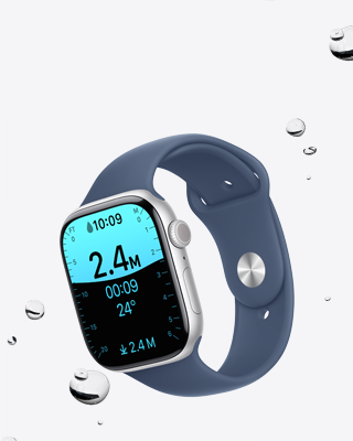 Obrazovka aplikace Hloubka na Apple&nbsp;Watch Series&nbsp;10, vedle nich kapky vody