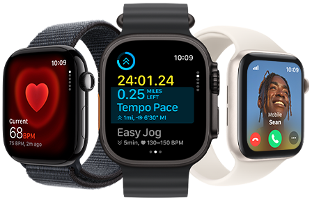 Troje Apple&nbsp;Watch a&nbsp;na nich monitorování tepové frekvence, údaje o&nbsp;cvičení a&nbsp;příchozí hovor.