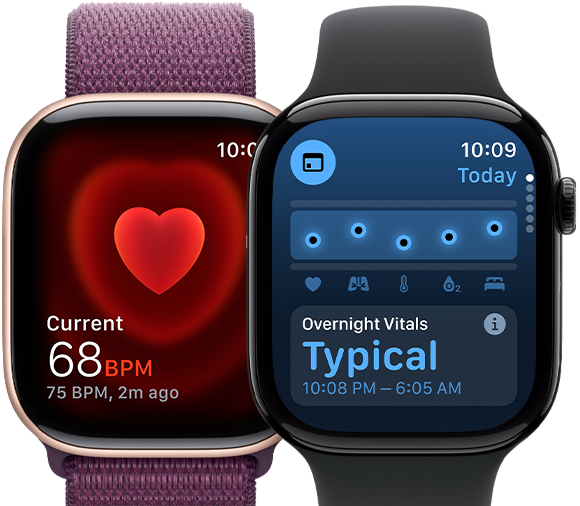 Dvoje Apple&nbsp;Watch Series&nbsp;10, na jedné obrazovce se ukazují fáze spánku, na druhé upozornění na spánkovou apnoi