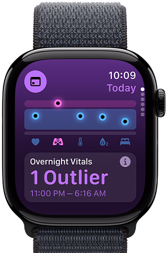 Aplikace Životní funkce na Apple Watch Series&nbsp;10, zobrazují se životní funkce za uplynulou noc s&nbsp;jednou vybočující hodnotou