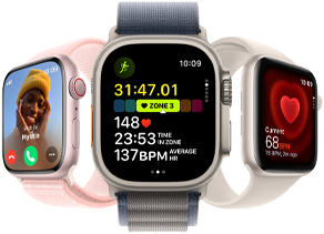 Apple Watch Series 9 natočené trochu doleva, Apple Watch Ultra 2 natočené přímo dopředu a Apple Watch SE natočené trochu doprava