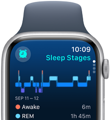 Apple Watch Series 9 se zobrazenými informacemi o fázích spánku