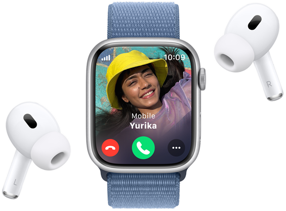 Apple Watch Series 9 showing an incoming call screen with AirPods Pro nearby